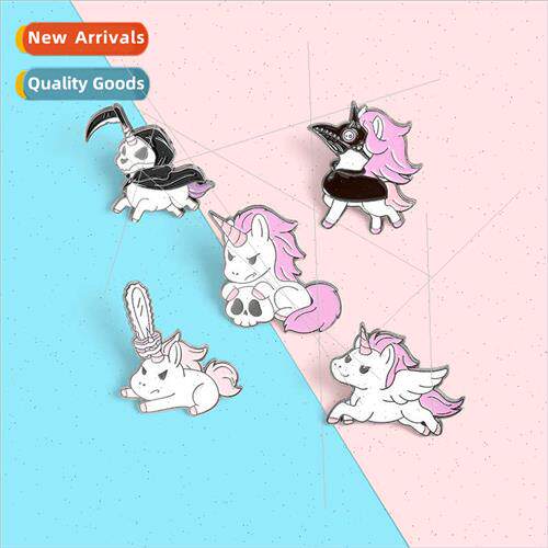 Fine Alloy Baked Lacquer Unicorn Pin Pink Skull Pony Collar