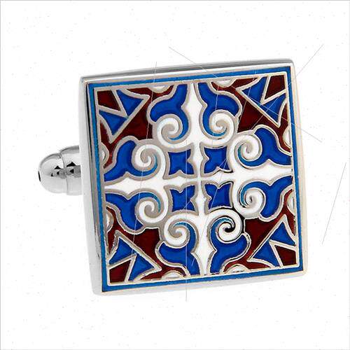 Business French enamel cufflinks square blue Roman carved fl