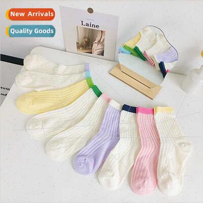 Mesh stacked socks women macaron cream color collision strip