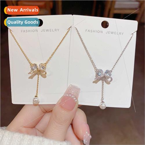 Fashion niche delicate zirconia bow dangling pearl necklace