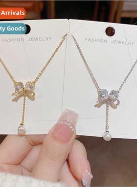 Fashion niche delicate zirconia bow dangling pearl necklace