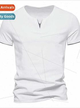 23 years new fake twopcs V-neck T-shirt short-sleeved solid