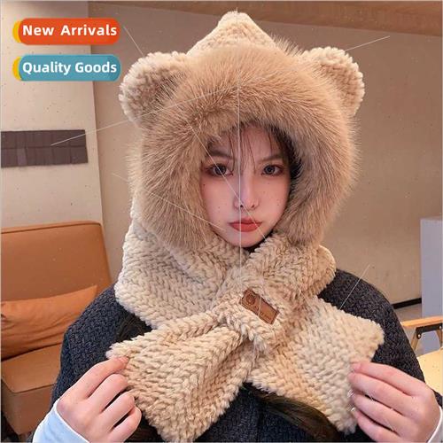 Autumn winter bear ears plush hat scarf all-in-one female cy