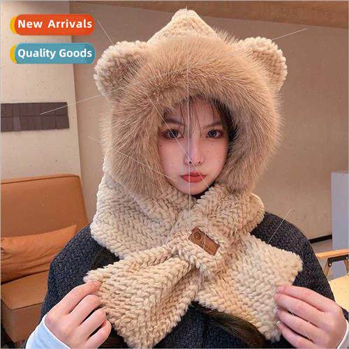 Autumn winter bear ears plush hat scarf all-in-one female cy