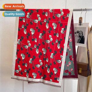 New elegant floral scarf female winter wild red shawl holida