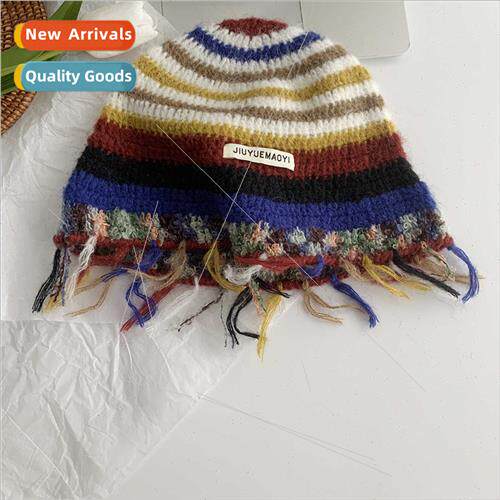 Retro clashing color rainbow striped knted cardigan women si