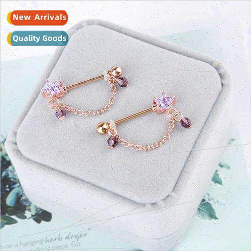 Water drop metal nipple ring pink coloured diamonds stainles