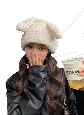 2021 sweet cute rabb lamb wool hat female winter warm windpr