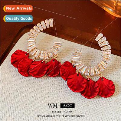 lver Needle Zirconia Red Petal Tassel Earrings French Elegan