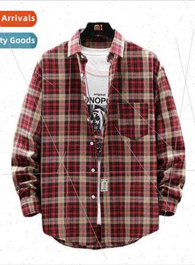 Spring Autumn Japanese plaid shirt men long-sleeved nd loose