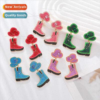 New Earrings Western Cowboy Hat Boots Patchwork Diamond Encr