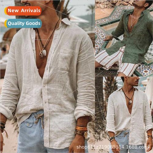 Autumn new men solid color cotton linen loose casual lapel l