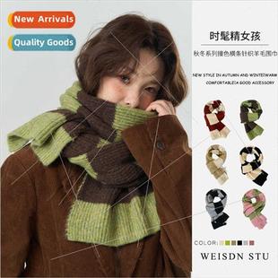 wool scarf women green men colorblocking winter New retro