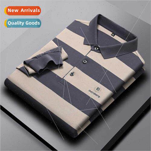 2023 long-sleeved T-shirt men cotton lapel striped tops spri