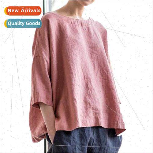 2021 Women Summer Round Neck Cotton nen Loose Top Peplum ter
