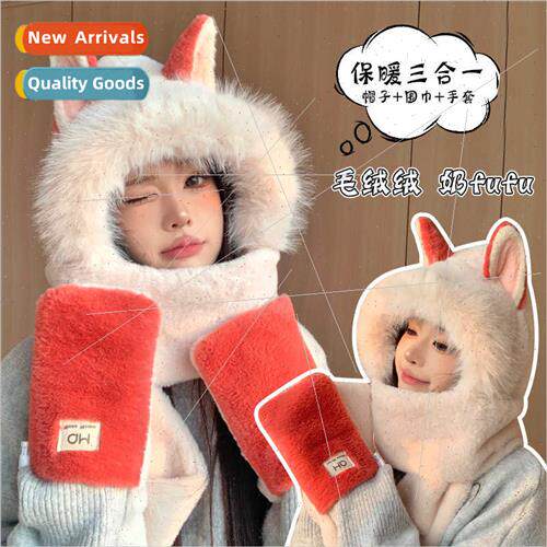 Cute fox ears cycling warm plush hat scarf gloves all-in-one