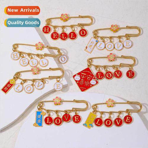 Chinese blessings peace health good luck brooch button pin h
