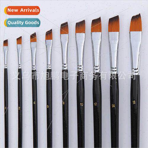 9pcs Set Oblique Edge Brushes Black Glossy Long Stick Oil Pa
