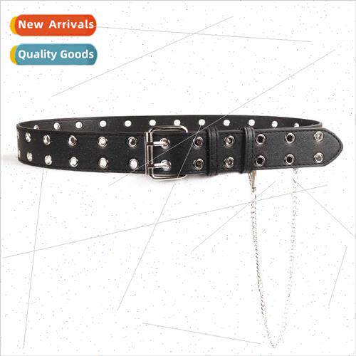 Double-breasted leather women jeans versatile belt concave s