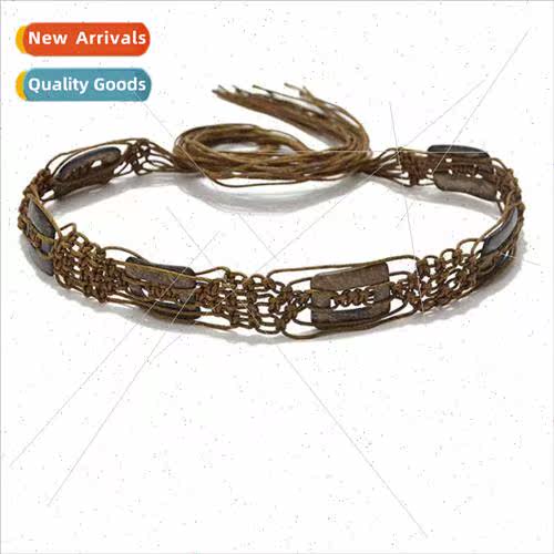 Women Thin Waistband Handmade Waxed Rope Braided Wooden Bead