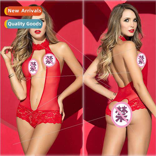 Erotic lingerie red lace one-piece deep V halter underwear