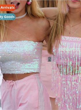 Bling Sequins Crop Tops Sexy Women Strapless Tube Top Stchy