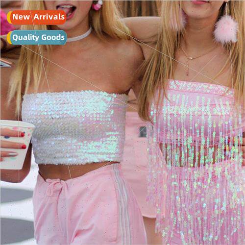 Bling Sequins Crop Tops Sexy Women Strapless Tube Top Stchy