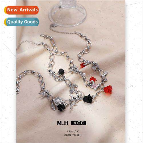 Oil drip butterfly rose flower collarbone chain female rusti