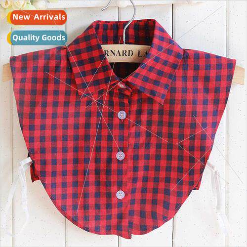 Autumn Winter Women Red Cotton Plaid Fake Collar Polyester C