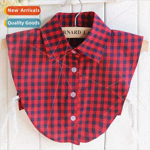 Autumn Winter Women Red Cotton Plaid Fake Collar Polyester C