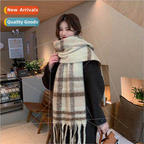 Premium sense oil painting plaid mohair tassel scarf female