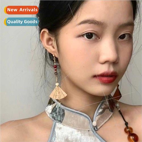 Ins country earrings female folding fan new Chinese ear clip