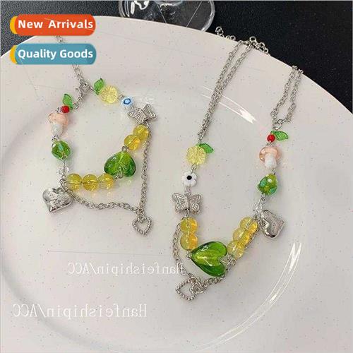 Korea Green ce Heart Necklace Mushroom Butterfly Beaded Doub