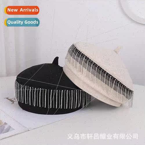 Korea new wild wind beret female fashion tassel rhinestone s