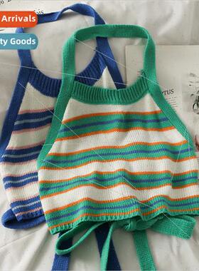 Sexy halter knted crop  off shoulder bow tie tank top slee