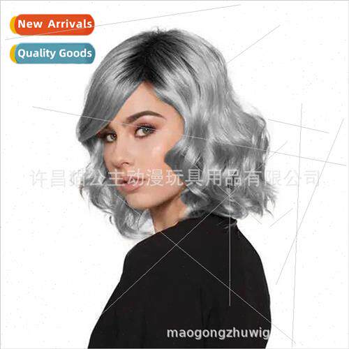 Europe Fashion Wigs Ladies Curly Parted lver Gray Dyed Short