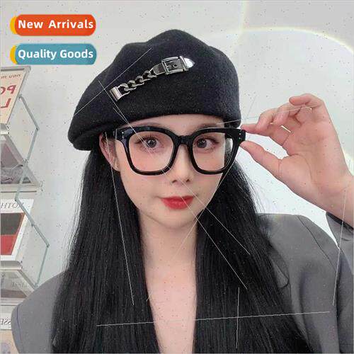 Tweed beret female Korean wild fashion chain buckle duck ton
