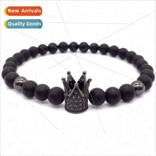 6MM Black Polished Stone Beads Bracelet Men Jewelry  Crown C