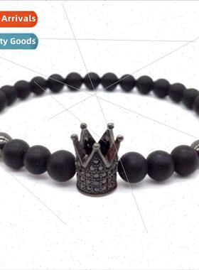6MM Black Polished Stone Beads Bracelet Men Jewelry  Crown C