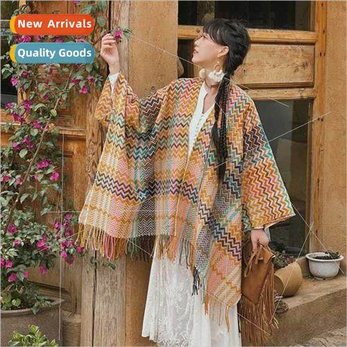 New thickened warm retro wave plaid wh sleeves shawl travel
