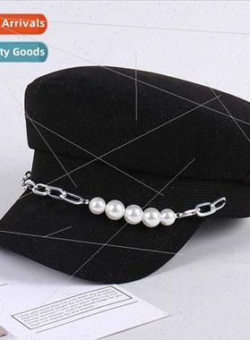 Spring Autumn Pearl Chain Flat Top Hat Women  Fashion Banque