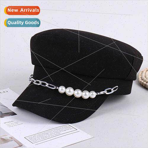 Spring Autumn Pearl Chain Flat Top Hat Women  Fashion Banque