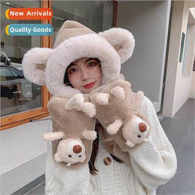 Winter cute bear imation rabb hair warm scarf hat gloves thr