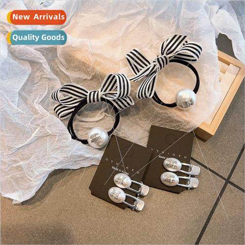Korean hair accessories wind bow pearl sweet cute black whe