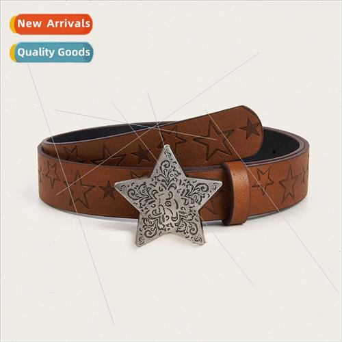 Europe Spice Daily Brown Textured Star Snap Buckle Belt Star