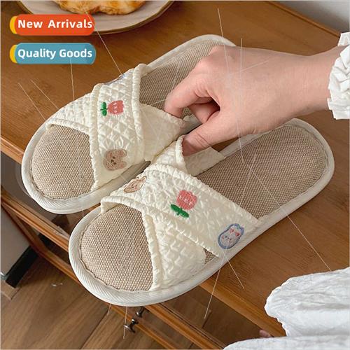 Women fall cute ltle flowers cross linen slippers four seaso