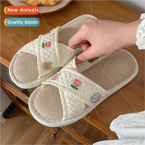 Women fall cute ltle flowers cross linen slippers four seaso