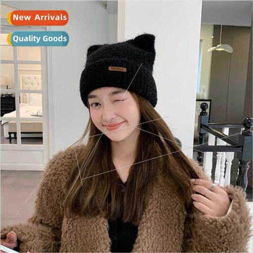 Cute ears plush knted hat female fall winter big head circum