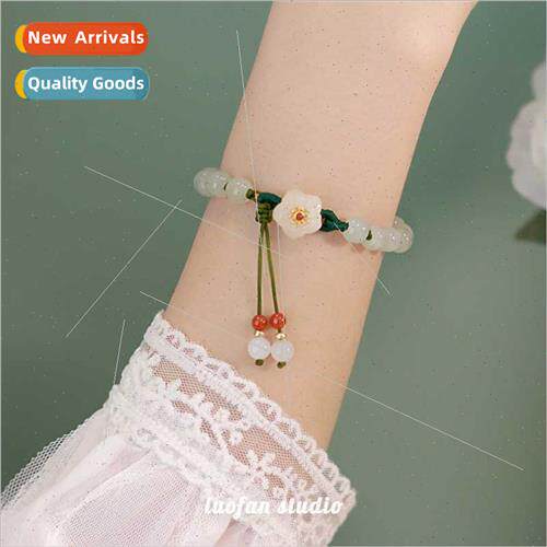 Jade round beads small peach blossom weave women niche stude