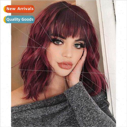 Wigs Europe Women Burgundy Bangs Short Curly Hair Water Wave